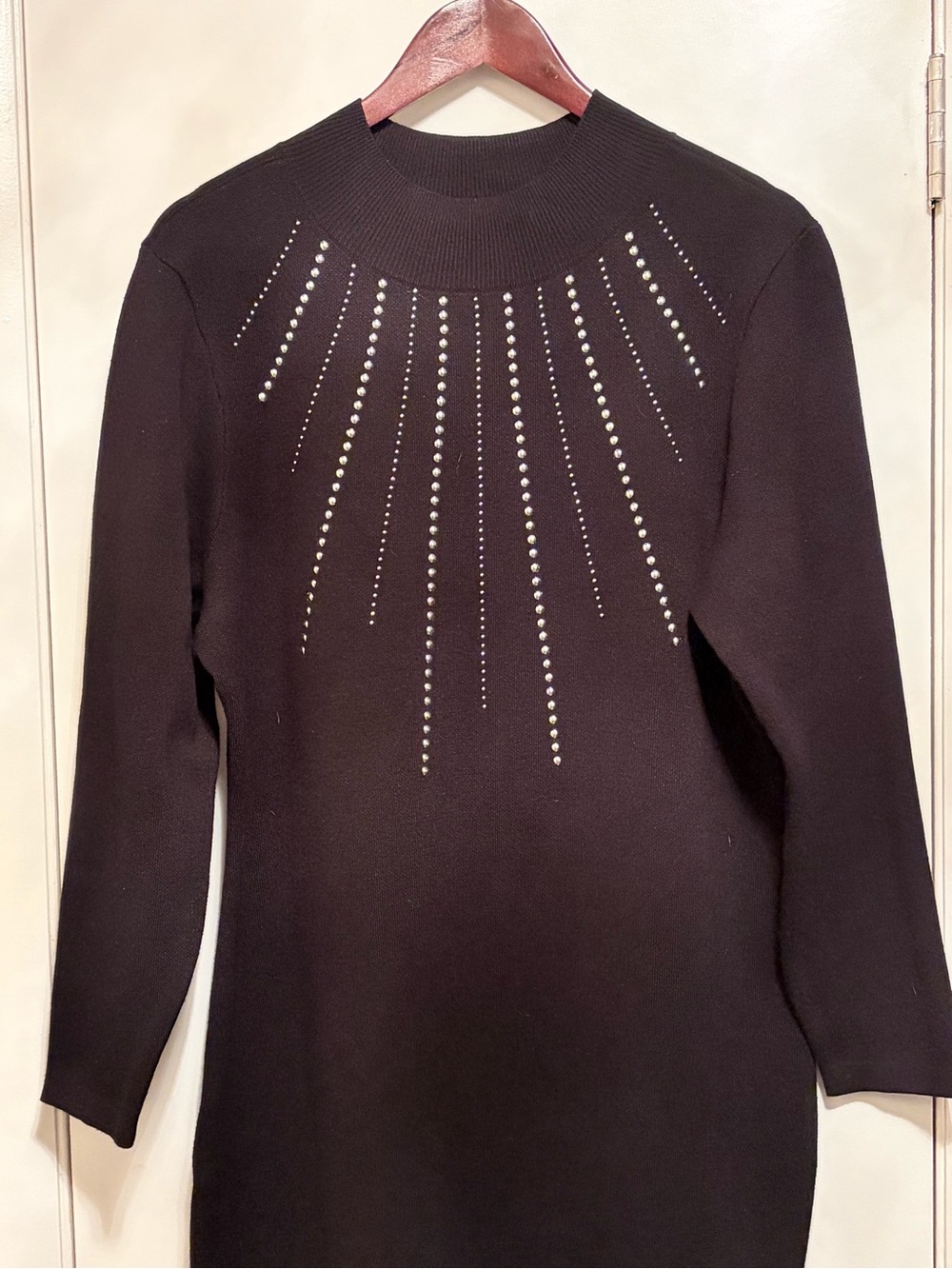 NINA LEONARD Black Long-Sleeve Knit Sweater Dress w/ Radiant Rhinestone Detail